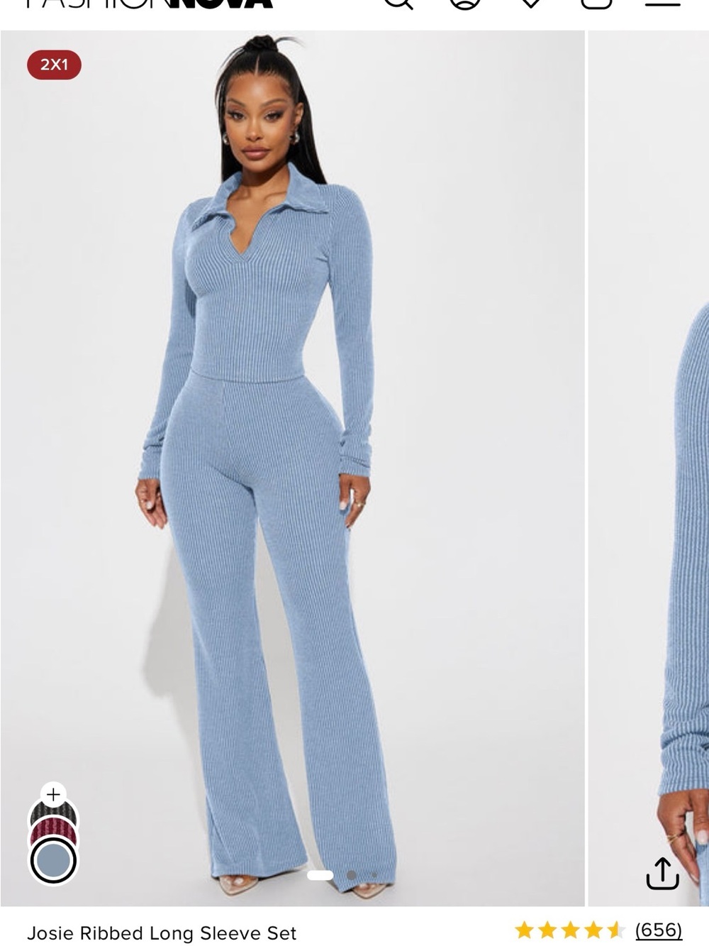 Fashion Nova Light Blue Ribbed V-Neck Fold Collar Long Sleeve Top